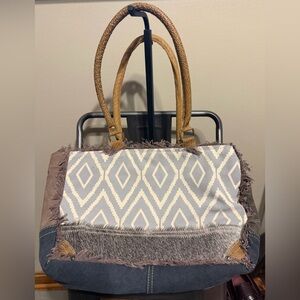 Myra Bag Canvas Fringe Tote Western Boho Purse Leather Handles